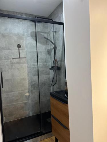 une douche avec une porte vitrée dans une salle de bain dans l'établissement Etxetxoa, à Argelès-Gazost