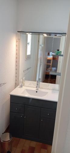 une salle de bain avec un lavabo et un miroir dans l'établissement Les Maldives 150m de la plage richelieu - linge et ménage compris, au Cap d'Agde