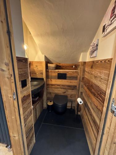 une petite salle de bain avec toilettes et lavabo dans l'établissement Duplex aux pieds des pistes à Rochebrune, à Megève
