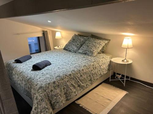 une chambre avec un lit avec deux oreillers dessus dans l'établissement Chaleureuse maison hyper centre, à Castelnau-de-Médoc