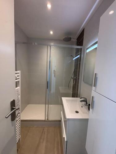 une salle de bain blanche avec une douche et un lavabo dans l'établissement Résidence Hermitage 6 pers avec parking, à Le Touquet-Paris-Plage