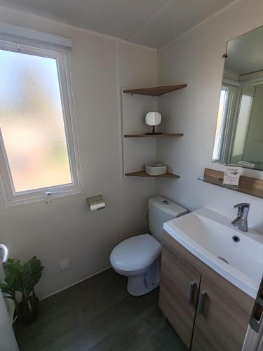 une salle de bain avec toilettes, lavabo et fenêtre dans l'établissement Mobil home F033 camping la carabasse 4 étoiles Vias, à Vias