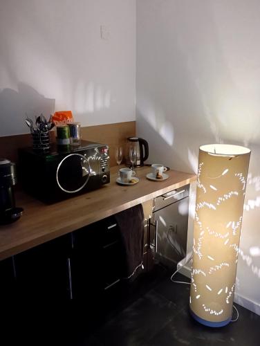 a kitchen with a table with a microwave and a lamp at Balnéo SPA Allevard in Allevard