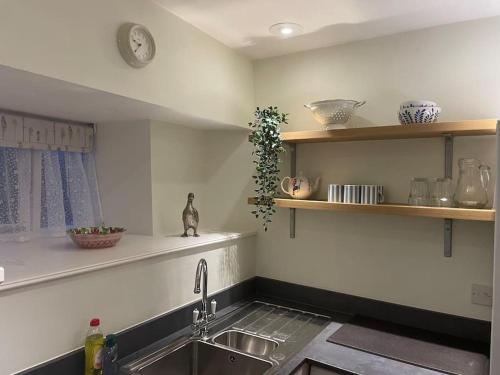 eine Küche mit einem Waschbecken und einer Theke mit Regalen in der Unterkunft Braunton Breaks - North Beach Cottage in Braunton
