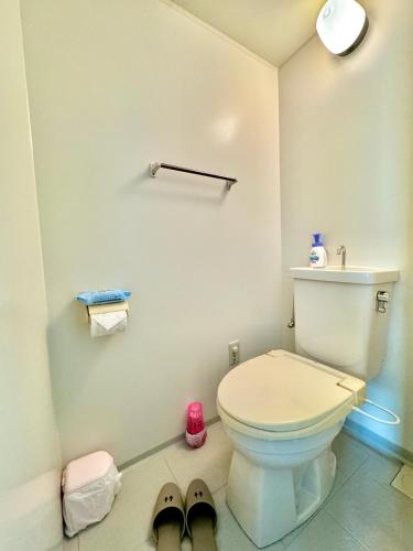 a bathroom with a toilet and a pair of shoes at Echoland Madarao エコーランド斑尾 All en-suite rooms & a free 3-minute shuttle to the ski resort in Madarao Kogen