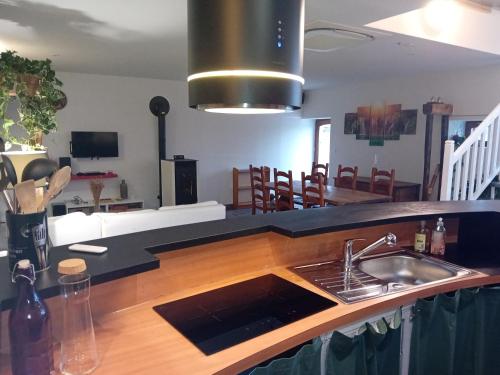 a kitchen with a sink and a living room at Gîte Le Bel Air in Reigny