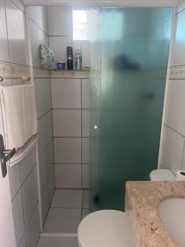 a bathroom with a shower with a toilet and a sink at Recanto dos pássaros in Penha