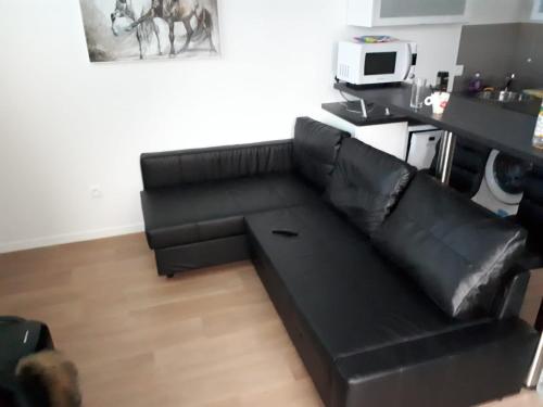 - un canapé en cuir noir dans le salon dans l'établissement F2 Idéal aux Portes de Paris, à Alfortville