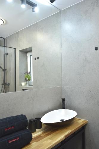 a bathroom with a white sink and a mirror at Tylawa - Domki w Beskidzie Niskim in Tylawa