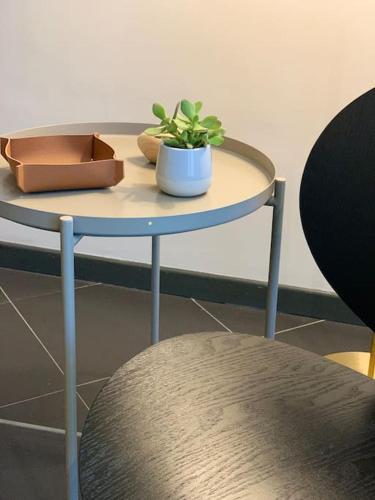 a table with a potted plant on top of it at Villa Tobagi - Spacious house near Rho Fiera in Arese