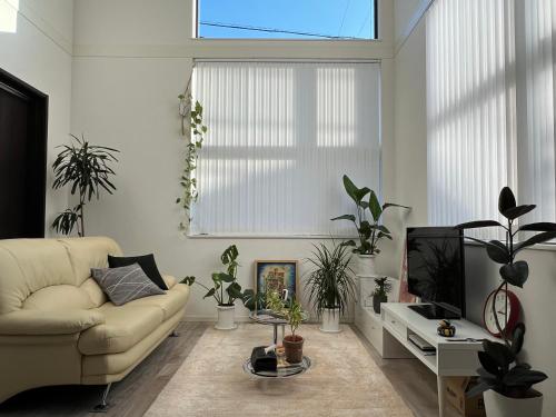 a living room with a couch and potted plants at HomeStay 輝き Kagayaki ホスト在宅タイプ 一日一組限定 in Matsudo