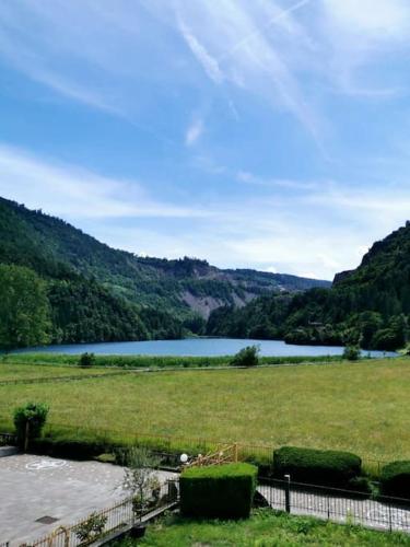 a large field with a lake in the background at Appartamenti a Lases in Albiano