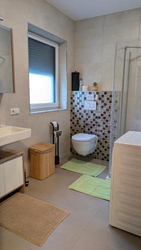 a bathroom with a shower and a toilet and a sink at InnBlue Apartment in Braunau am Inn