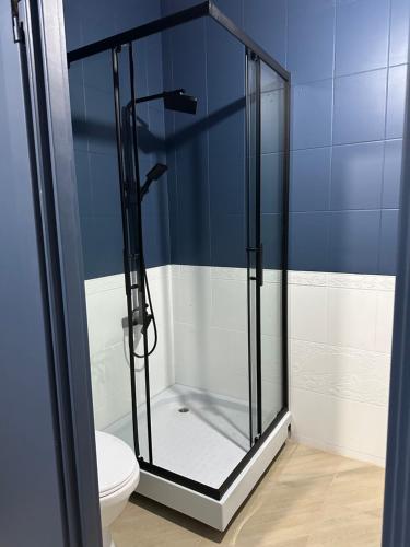 una ducha de cristal en un baño con inodoro en Guculka, en Yaremche