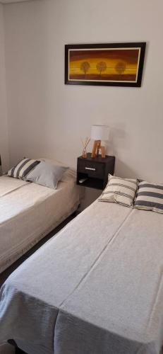 a bedroom with two beds and a table with a picture at Apart Las Hermanas in Colón