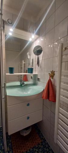 une salle de bain avec un lavabo et un miroir dans l'établissement Élégant 30 M2 dans résidence 4 étoiles, au Cap d'Agde