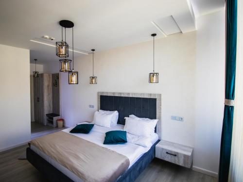 a bedroom with a large bed with two blue pillows at Casa Muntenească Alessandro in Piteşti