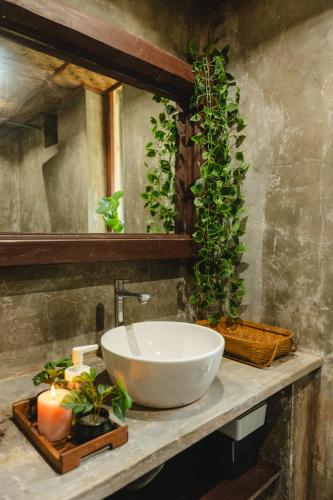 a bathroom with a sink and a mirror and plants at Casa Camotim in Madkai