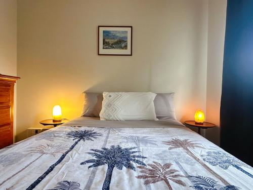 a bedroom with a bed with two lamps on tables at Kings Corner - 5min to CBD & 20min to Airport in Sandy Bay