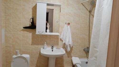 a bathroom with a sink and a toilet and a shower at Алтын Арман in Kostanay