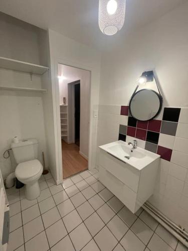 une salle de bain avec toilettes, lavabo et miroir dans l'établissement L'inouï - Bailly Loc, à Bourges