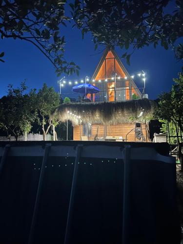 a building with a thatched roof at night at Mountain Star in Batumi