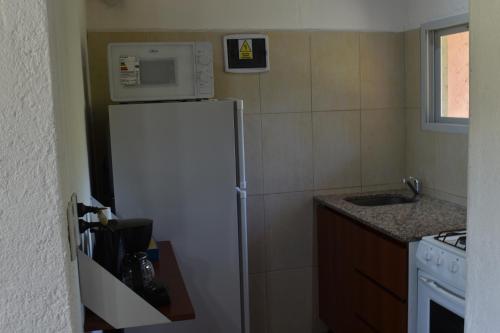 a kitchen with a white refrigerator and a microwave at Campo de los Zorros in Nono