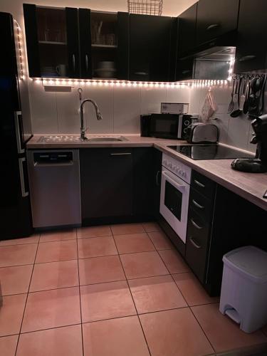 a kitchen with black cabinets and white appliances at Messewohnung Ferienwohnung in Hildesheim