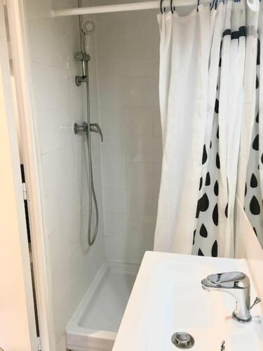 La salle de bains est pourvue d'une douche avec un lavabo et un rideau de douche. dans l'établissement À cabin on town, à Choisy-le-Roi