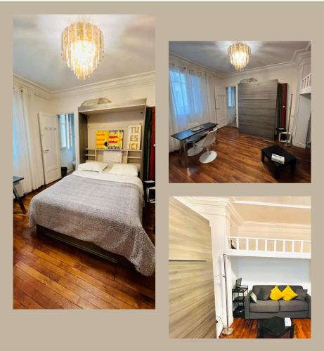 un collage de trois photos d'une chambre avec un lit dans l'établissement appartement, paris tour Eiffel, à Paris