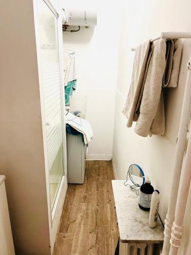 La salle de bains est pourvue d'un miroir et de parquet. dans l'établissement appartement, paris tour Eiffel, à Paris