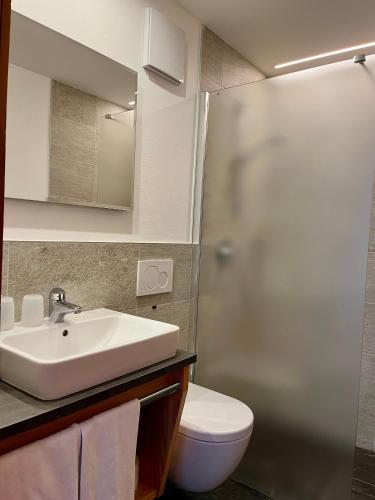 a bathroom with a sink and a toilet and a shower at Haus Lena in Solda