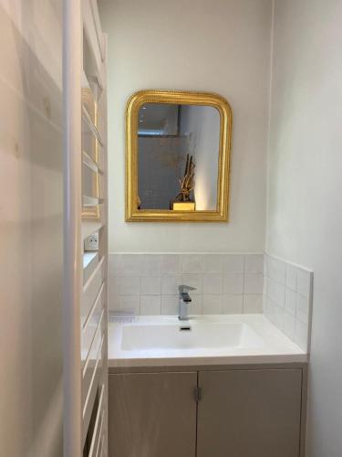 une salle de bain avec un lavabo et un miroir dans l'établissement Appartement à deux pas du canal Saint Martin, à Paris