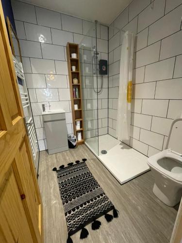 a bathroom with a shower and a black and white rug at Jim's place in Bristol