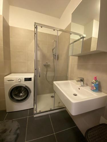 a bathroom with a sink and a washing machine at FIAOR Apartment, 1-2 guests, Free Parking & Wifi, 7 km Downtown, Bratislava in Bratislava