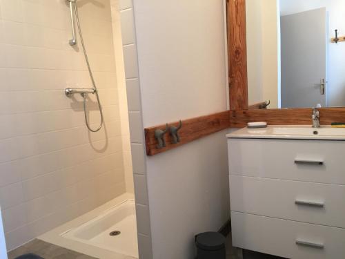 une salle de bain avec une douche, un lavabo et un miroir dans l'établissement Gite d aventure, à Névez