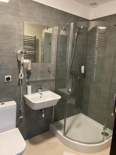 a bathroom with a shower and a sink and a toilet at Hotel Restauracja Cztery Pory Roku in Orneta