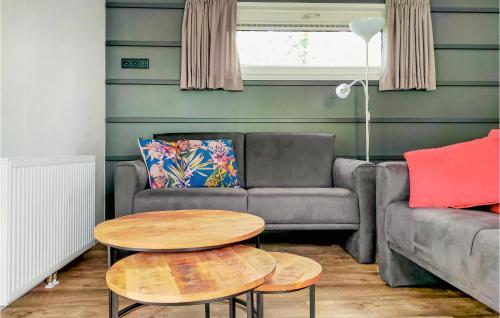 a living room with a couch and two tables at Chalet 82 in Oosterwolde