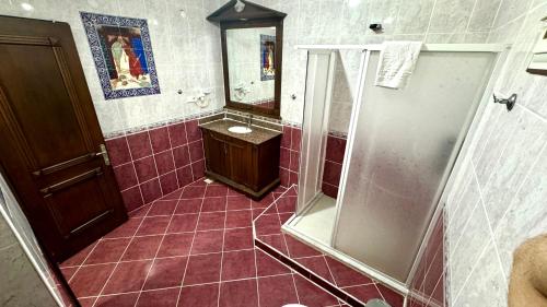 a bathroom with a shower and a sink at EPHESUS CENTRUM in Selcuk