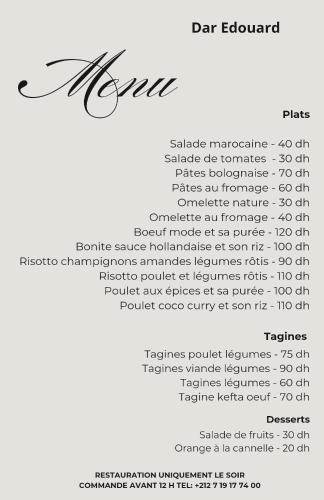 a poster for a car dealer with a list of car elements at Dar Edouard in Sidi Kaouki