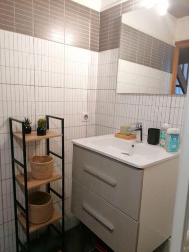 une petite salle de bain avec un lavabo et un miroir dans l'établissement Studio mezzanine en hyper centre, à Arles