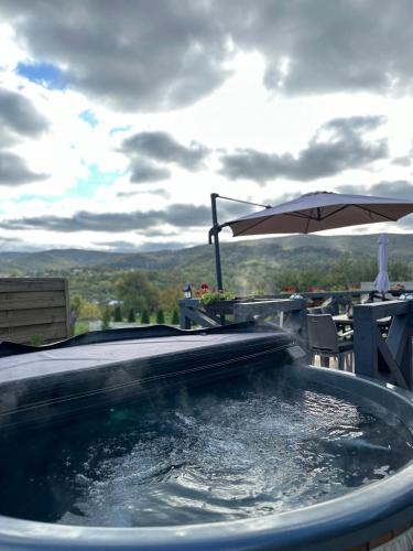 a swimming pool with an umbrella and a table at A Green Nest in Suceava