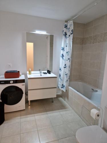 une salle de bain avec un lavabo et une baignoire dans l'établissement Appartement in Sannois - 100m from train station and 20 min from Paris St Lazare, private parking, à Sannois