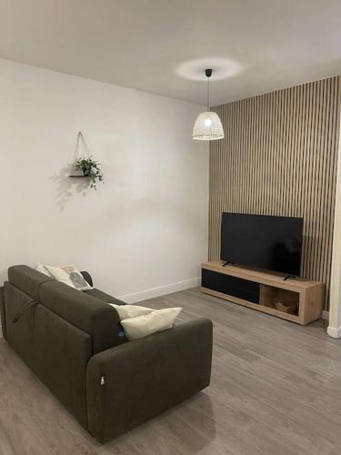 un salon avec un canapé et une télévision à écran plat dans l'établissement La Suite 82, à Montauban