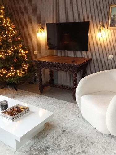 a living room with a christmas tree and a tv at Escapade en Alsace - gîte de charme pour deux à Bergheim in Bergheim