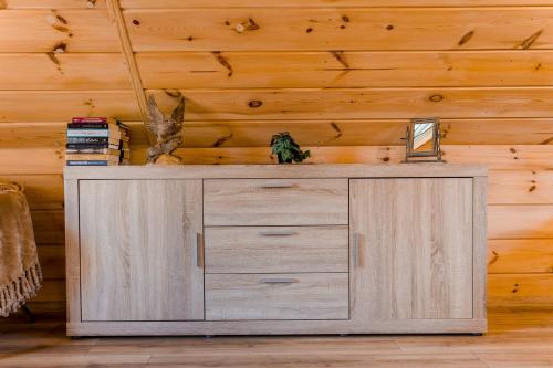 a wooden cabinet in a room with a wooden wall at Leśny domek in Białowieża