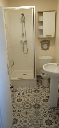 une salle de bain avec une douche, des toilettes et un lavabo dans l'établissement Appartement Centre Ville MONT DORE Vacances et Week-End Classé 3 Etoiles, à Le Mont-Dore