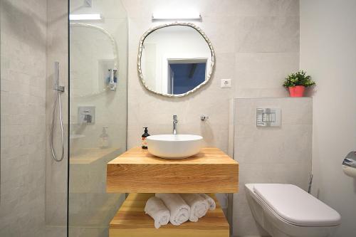 a bathroom with a sink and a toilet and a mirror at Grand View Slanic Moldova in Slănic-Moldova