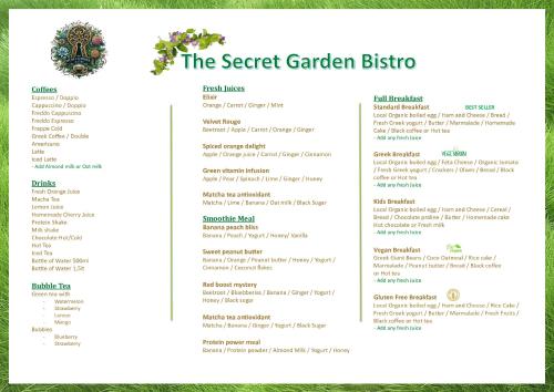 a menu for the secret garden bistro at Eleni Rooms in Parikia