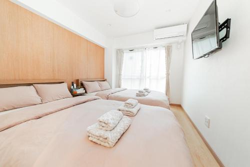 a bedroom with two beds and a flat screen tv at Kiwami Hotel Shinjuku in Tokyo